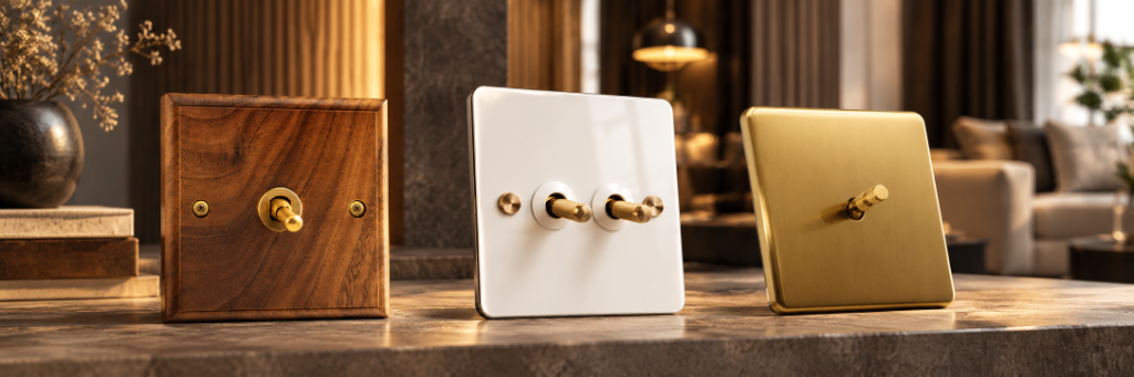 Lumi Vintage Series Luxury Mechanical Toggle Switches in Natural Walnut, White and Brass